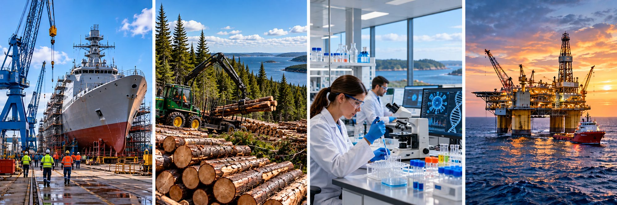 Montage d&rsquo;industries du Canada atlantique&nbsp;: un chantier naval, une exploitation foresti&egrave;re, un laboratoire des sciences de la vie et une plateforme &eacute;nerg&eacute;tique extrac&ocirc;ti&egrave;re