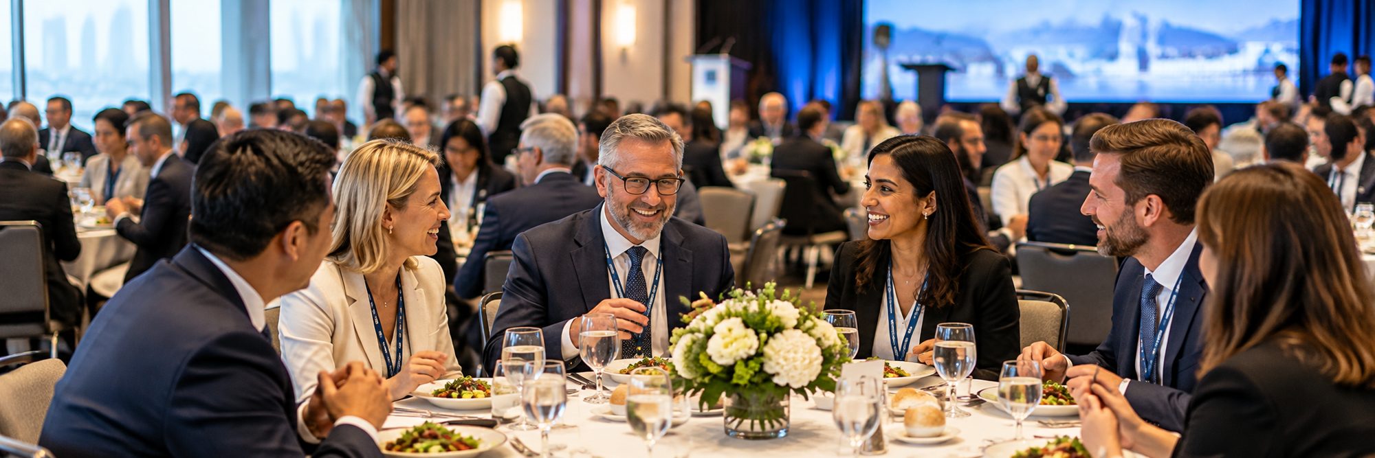 Des dirigeants discutent autour d&rsquo;une table lors d&rsquo;un d&icirc;ner-r&eacute;seautage dans la salle de bal moderne d&rsquo;un sommet